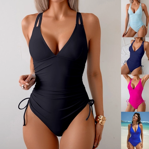 Women Sexy Deep V Neck Ruched One Piece Swimsuit Nylon Spandex Tummy Control Double Straps Side Drawstring Solid Bathing Suit