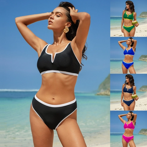 Sexy Set Bikini Con Bordo a Contrasto per Donna Top Sportivo Scollo a V e Pantaloni a Vita Alta Costume da Bagno Due Pezzi