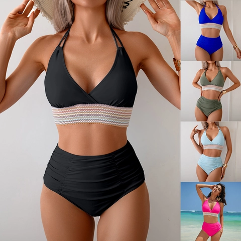 Set Bikini da Donna con Scollo all'Americana e Vita Alta Arricciata Costume da Bagno a Due Pezzi con Finiture Colorate