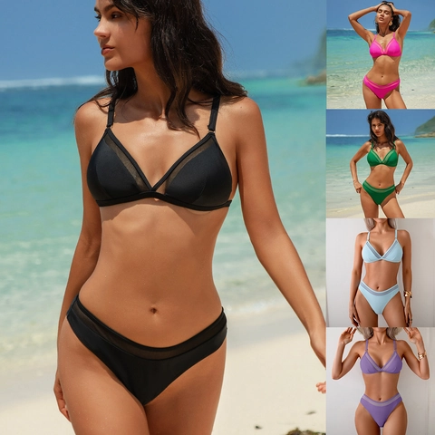Women Sexy Bikini Swimsuit Mesh Spliced Swimwear With Sarong Cover Up Skirt Solid Color High Cut Beachwear Bathing Suit