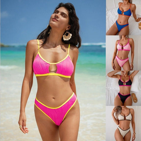 Women Sexy Ribbed Bikini Set Cutout Contrast Binding Swimsuit High Cut Bathing Suit Beach Swimwear