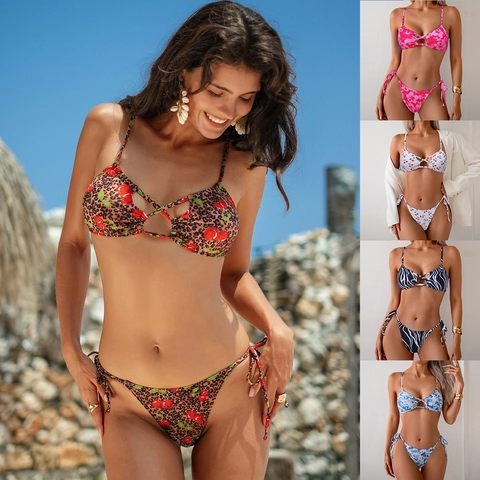 Women Sexy Criss Cross Halter Bikini Top And Bottom Printed Leopard Cherry Floral Swimsuit Side Tie Triangle Beach Swimwear
