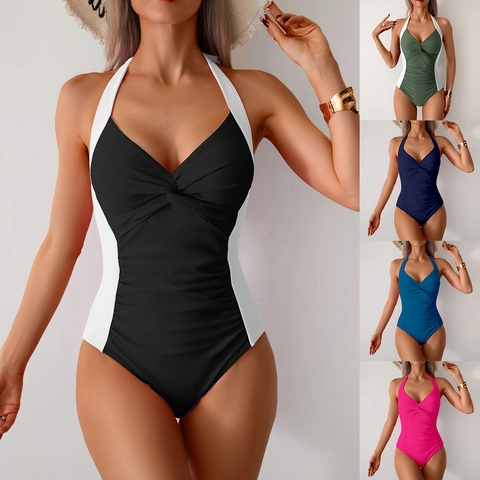 Halter One Piece Swimsuit For Women Ruched Tummy Control Bathing Suit Solid Color Twisted Front Swimwear Beach Vacation
