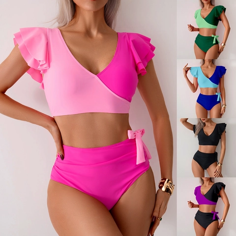 Damen Überkreuzter Wickel Bikini Set Rüschenärmel Hohe Taille Badeanzug Zweiteiler Bademode Mit Seitlicher Schleife Sommer