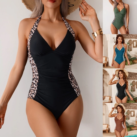 Women Halter One-Piece Swimsuit Sexy Deep V Neck Leopard Geometric Print Ruched Patchwork Monokini Beachwear Bathing Suit