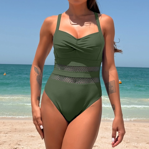 Women Sexy One Piece Swimsuit Twist Front Monokini Mesh Patchwork Quick Dry Beachwear Bathing Suit For Women