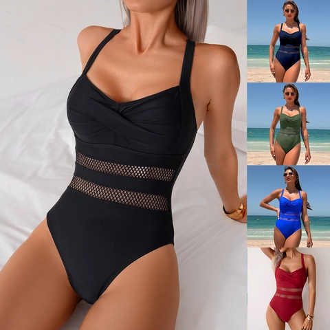 Women Sexy One Piece Swimsuit Twist Front Monokini Mesh Patchwork Quick Dry Beachwear Bathing Suit For Women