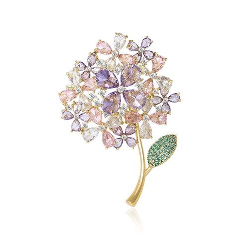 Elegant Copper Flower Brooch With Colorful Rhinestone Hydrangea Primrose Pin For Women Light Luxury Fashion Apparel Accessory