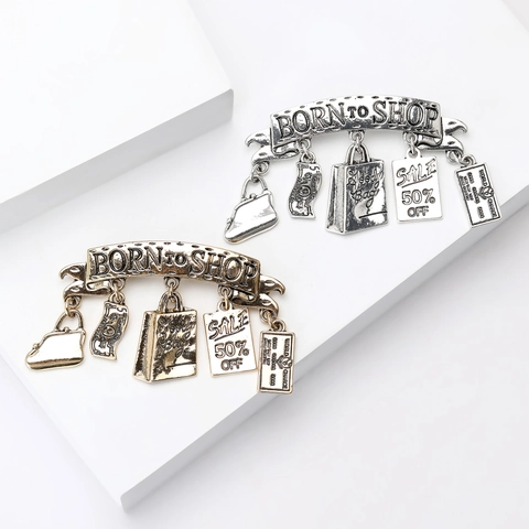Vintage Alloy Shopping Theme Brooch Pin Women Born To Shop Letter Multi Pendant Gold Silver Fashion Jewelry Accessory