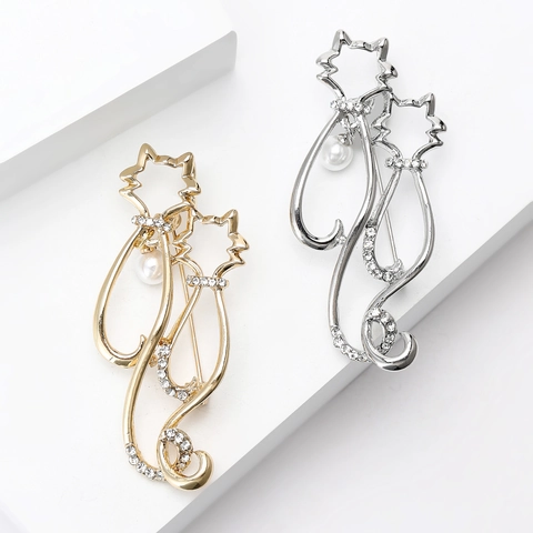 Elegante Spilla a Forma di Gatto in Lega Con Perla Artificial Finta Strass per Donna Placcata Oro Argento Moda Spilla per Revers del Vestito