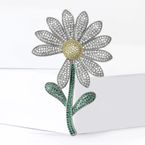 Light Luxury Daisy Flower Bouquet Brooch Elegant Copper Rhinestone Pin For Women Fashion Jewelry Wedding Party Accessory