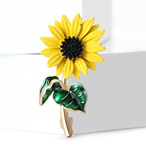 Sonnenblume Brosche Für Damen Legierung Emaille Gelbe Blume Pin Grüne Blätter Schmuck Für Anzug Jacke Kleid Party Accessoires