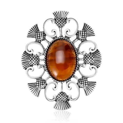Broche Chardon en Alliage Vintage pour Femmes Bronze Argent Antique Ajourée Strass Rouge Ambre Bijoux