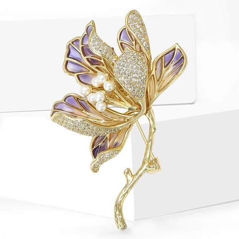 Spilla in Lega di Fiore di Loto Pastorale Con Strass e Perla Artificiale per Donna Spilla Elegante Pianta Floreale Gioielli