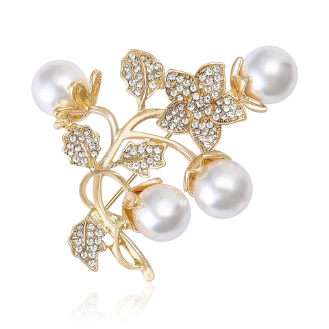 Elegante Spilla Bouquet Floreale in Lega per Donna con Perle Artificiali e Strass Spilla Floreale Placcata Oro Argento di Lusso Gioiello