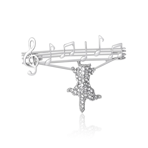 Fashion Alloy Music Note Cat Brooch Rhinestone Treble Clef Staff Design Musical Theme Animal Pin Jewelry Gift For Women