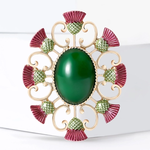 Vintage Alloy Thistle Brooch For Women Green Oval Resin Stone Hollow Out Golden Badge Fashion Jewelry Pin Accessory