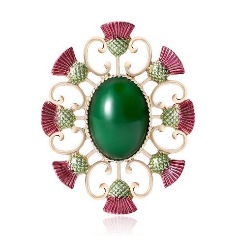 Vintage Alloy Thistle Brooch For Women Green Oval Resin Stone Hollow Out Golden Badge Fashion Jewelry Pin Accessory