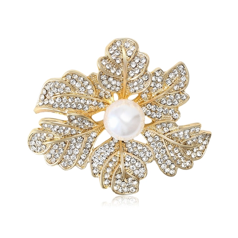 Elegant Alloy Flower Brooch With Artificial Pearl And Rhinestone Leaf Plant Pin For Women Clothing Fashion Accessories Gift