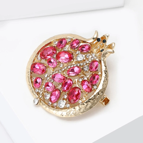 Elegante Spilla a Forma di Melograno in Lega con Strass per Donna Moda Frutta Corsage Oro Rosa Rosso Cristallo Spilla Regalo