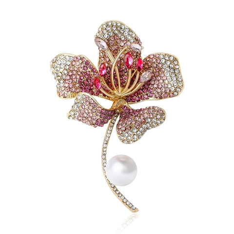 Luxury Hibiscus Flower Brooch With Artificial Pearl Rhinestone Elegant Orchid Floral Breastpin For Women Fashion Jewelry