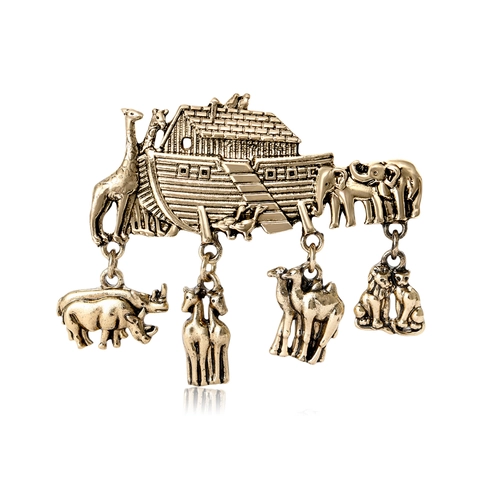 Vintage Noah's Ark Alloy Brooch With Hanging Animal Charms Relievo Elephant Giraffe Retro Distressed Pin For Suit Shirt Unisex