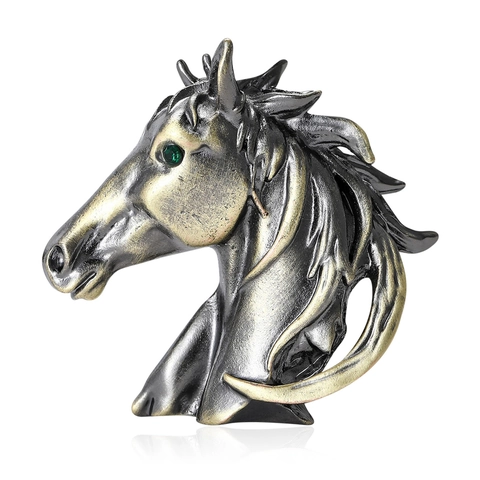 Vintage Alloy Horse Head Brooch For Women Elegant Animal Shape Rhinestone Green Eye Suit Coat Lapel Pin Fashion Jewelry Gift
