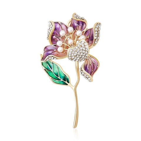 Luxurious Alloy Enamel Hibiscus Flower Brooch Rhinestone Artificial Pearl Floral Pin Jewelry Accessory For Women Banquet