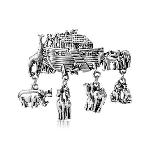 Vintage Noah's Ark Alloy Brooch With Hanging Animal Charms Relievo Elephant Giraffe Retro Distressed Pin For Suit Shirt Unisex
