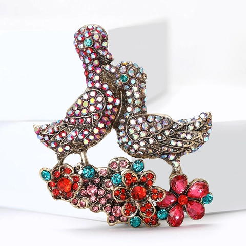 Broche de Aleación de Estrás Vintage con Dos Patos para Mujer Elegante Alfiler de Pecho Floral Animal Accesorios de Ropa Joyería Regalo