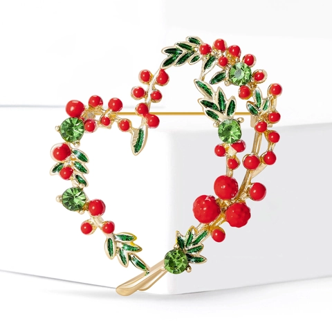 Elegante Spilla a Ghirlanda a Forma di Cuore in Lega Placcata Oro Foglia di Smalto Bacca Rossa Gialla Strass Gioielli di Natale Donna