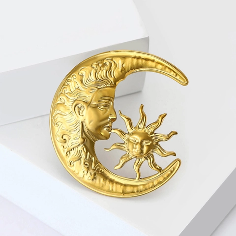 Vintage Stainless Steel Sun And Moon Face Brooch Pin For Women Men Celestial Liquid Metal Style Gold Silver Plated Jewelry Accessory