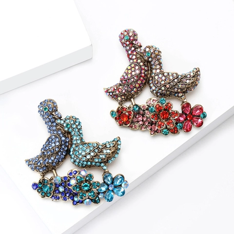 Broche de Aleación de Estrás Vintage con Dos Patos para Mujer Elegante Alfiler de Pecho Floral Animal Accesorios de Ropa Joyería Regalo