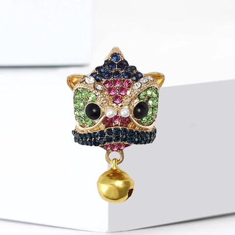 Spilla a Forma di Testa di Danza del Leone in Stile Cinese Vintage in Lega di Strass Perla Artificiale Gioielli Etnici da Donna
