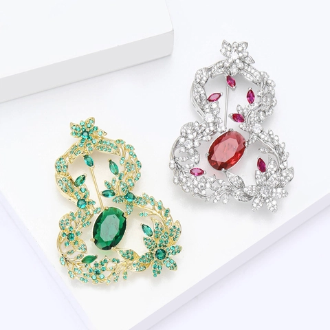 Elegant Copper Zirconia Hulu Gourd Brooch Pin For Women New Chinese Style Luxury Hollow Flower Brooch Vintage Jewelry Gift