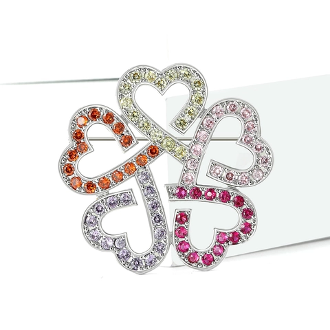 Luxuriöse Zirkonia Kupfer Brosche Kleeblatt Herz Für Damen Bunte Stein Reversnadel Für Anzüge Elegante Party Schmuck Geschenk