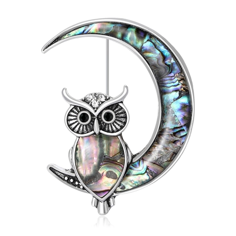Spilla Vintage in Argento Antico con Luna e Gufo in Conchiglia Strass Intarsiato Spilla da Bavero per Abito Gioielli per Uomo Donna