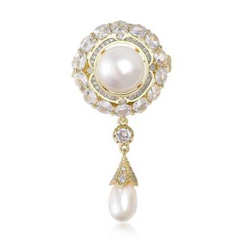 Spilla in Rame con Perle d'Acqua Dolce in Stile Corte Vintage per Donna Spilla a Revers a Forma di Fiore in Zirconia Intarsiata Gioielli Eleganti