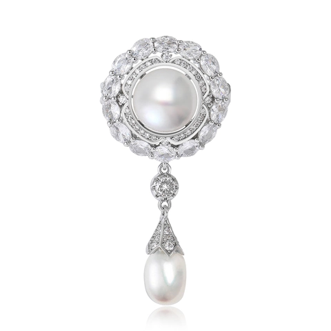 Spilla in Rame con Perle d'Acqua Dolce in Stile Corte Vintage per Donna Spilla a Revers a Forma di Fiore in Zirconia Intarsiata Gioielli Eleganti