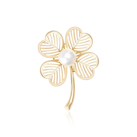 Elegante Spilla a Quadrifoglio in Lega Traforata Con Perla Artificiale Oro Argento Galvanizzato Spilla per Donna Abito Cappotto Gioielli