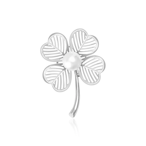 Elegante Spilla a Quadrifoglio in Lega Traforata Con Perla Artificiale Oro Argento Galvanizzato Spilla per Donna Abito Cappotto Gioielli