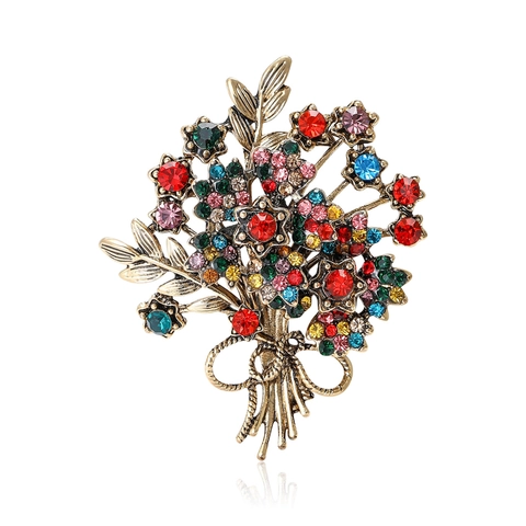 Elegant Alloy Rhinestone Bouquet Brooch Inlaid Colorful Crystal Flower Breastpin For Women Fashion Clothing Accessories Gift