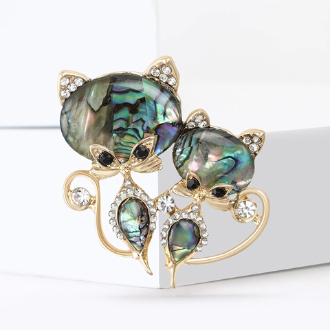 Broche de Gato de Aleación y Concha de Abulón Vintage para Mujer Hombre Traje Chapado en Oro Strass Animal Broche Solapa Joyería