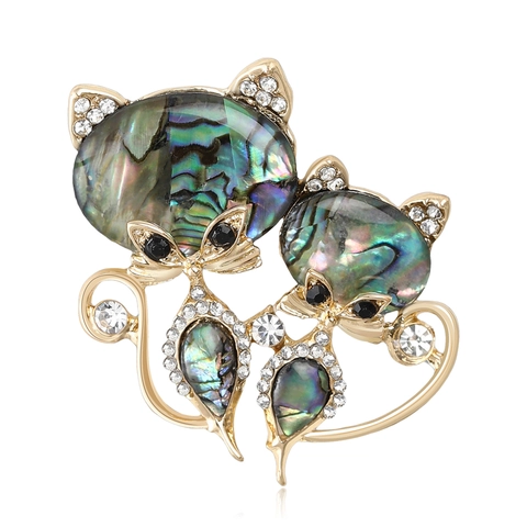 Broche de Gato de Aleación y Concha de Abulón Vintage para Mujer Hombre Traje Chapado en Oro Strass Animal Broche Solapa Joyería