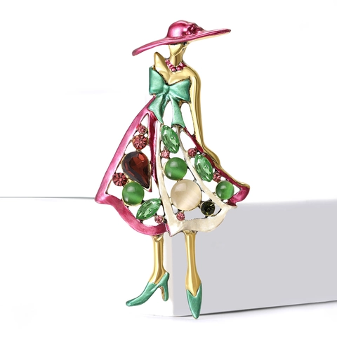 Broche Figurine de Dame Vintage en Alliage Strass Colorés Émail pour Femme Élégant Accessoire Mode Occidentale