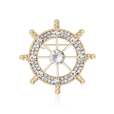 Nautical Ship's Wheel Brooch For Women Men Fashion Alloy Rhinestone Helm Pin Anti-exposure Silk Scarf Buckle Jewelry Gift