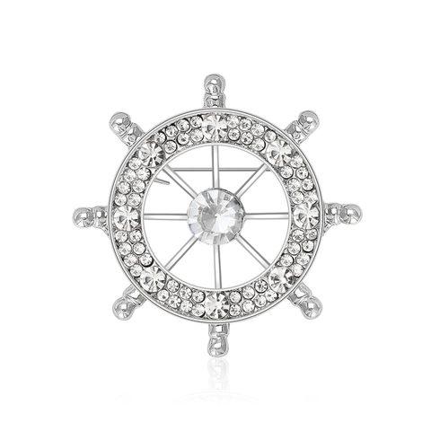 Nautical Ship's Wheel Brooch For Women Men Fashion Alloy Rhinestone Helm Pin Anti-exposure Silk Scarf Buckle Jewelry Gift