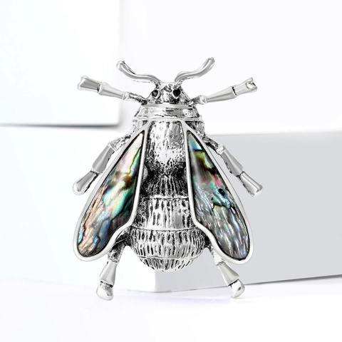 Broche de Abeja de Aleación Vintage para Mujeres Hombres Pin de Insecto Retro Con Alas de Concha de Abulón Incrustadas Joyería Plata