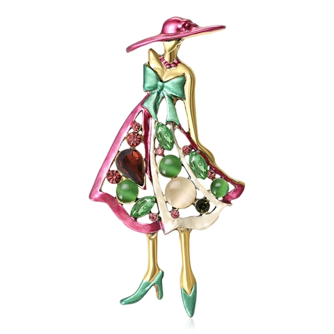 Broche Figurine de Dame Vintage en Alliage Strass Colorés Émail pour Femme Élégant Accessoire Mode Occidentale
