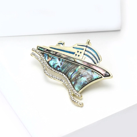 Vintage Abalone Shell Cruise Ship Brooch For Women Gold Plated Alloy Rhinestone Enamel Boat Scarf Clip Jewelry Accessory